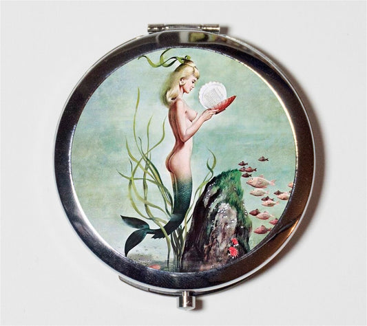 Mermaid School of Fish Compact Mirror - Nautical Pin Up Pinup Retro 50s - Make Up Pocket Mirror for Cosmetics