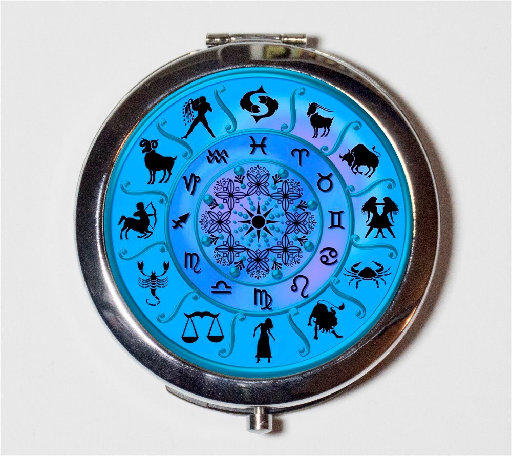 Blue Zodiac Compact Mirror - Occult Celestial Astrology - Make Up Pocket Mirror for Cosmetics