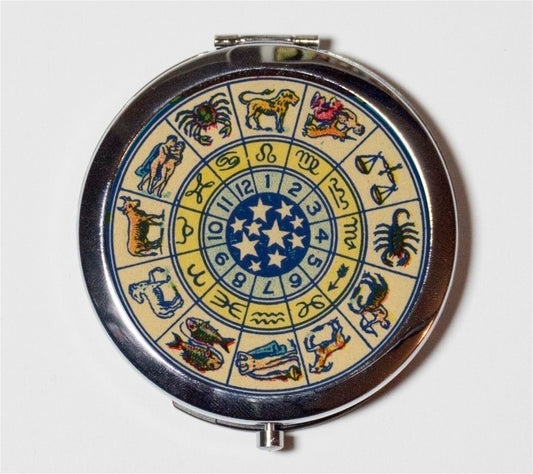 Vintage Zodiac Image Compact Mirror - Occult Celestial Astrology - Make Up Pocket Mirror for Cosmetics