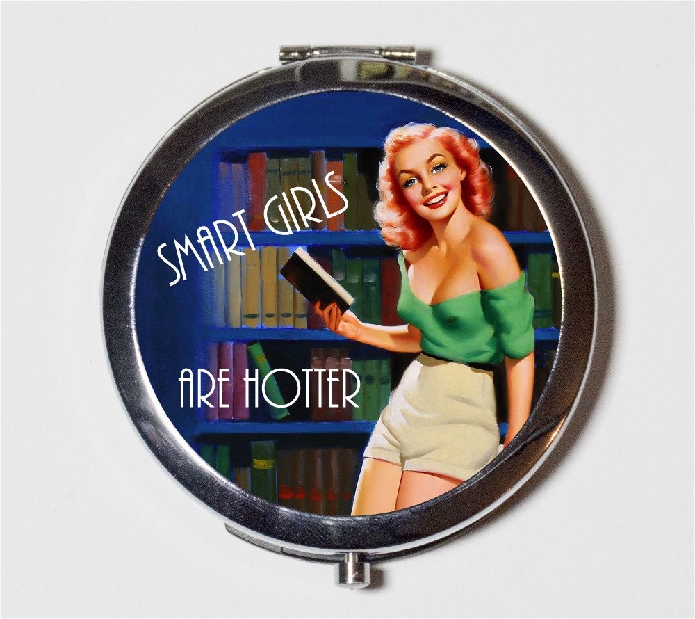 Pin Up Nerd Compact Mirror - Smart Girls are Hotter Reading is Sexy Pinup Rockabilly- Make Up Pocket Mirror for Cosmetics