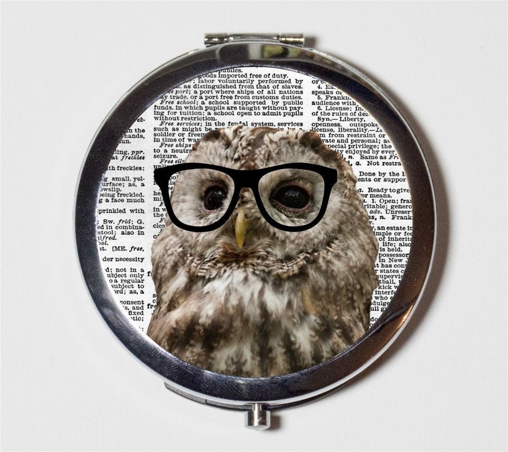 Owl Nerd Compact Mirror - Anthropomorphic Hipster Owls - Make Up Pocket Mirror for Cosmetics