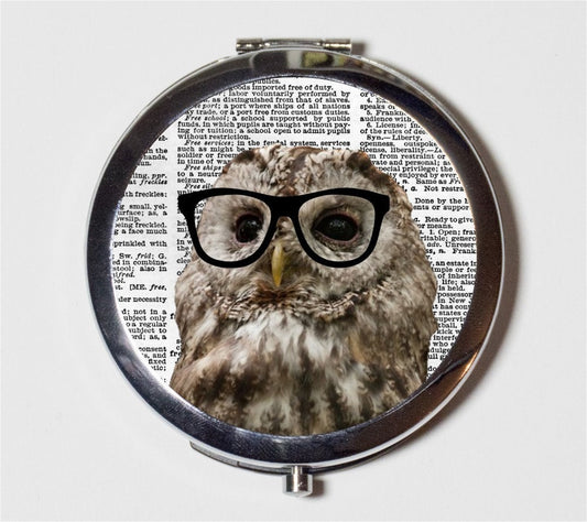 Owl Nerd Compact Mirror - Anthropomorphic Hipster Owls - Make Up Pocket Mirror for Cosmetics