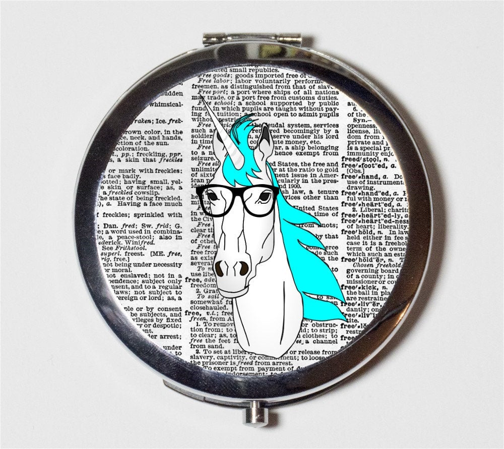 Unicorn Nerd Compact Mirror - Hipster Eyeglasses Anthropomorphic Animal Art - Make Up Pocket Mirror for Cosmetics