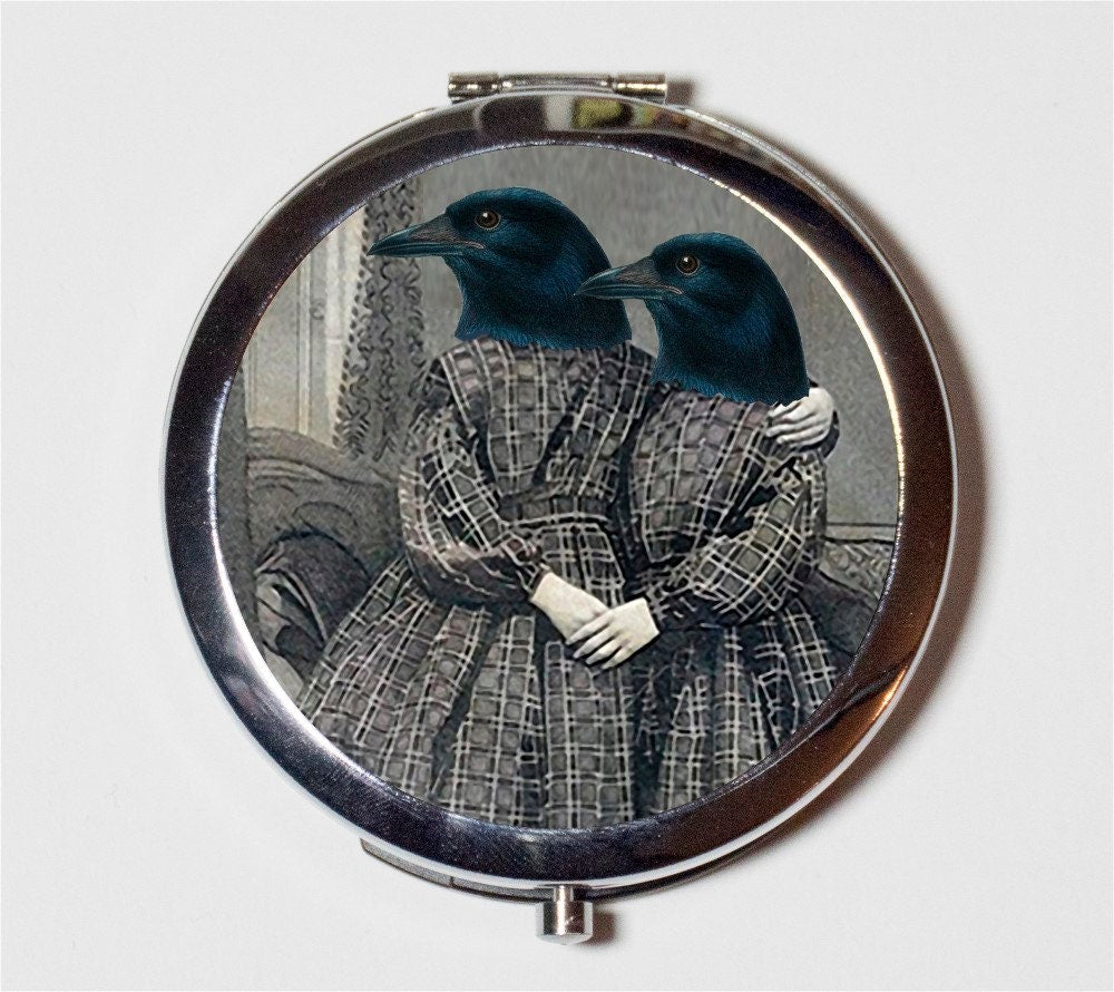 Victorian Crow Sisters Compact Mirror - Animal Pop Art Anthropomorphic Altered Art - Make Up Pocket Mirror for Cosmetics