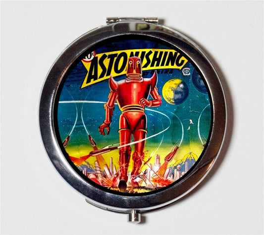 Astonishing Robot Compact Mirror - Sci Fi Pulp Magazine - Make Up Pocket Mirror for Cosmetics