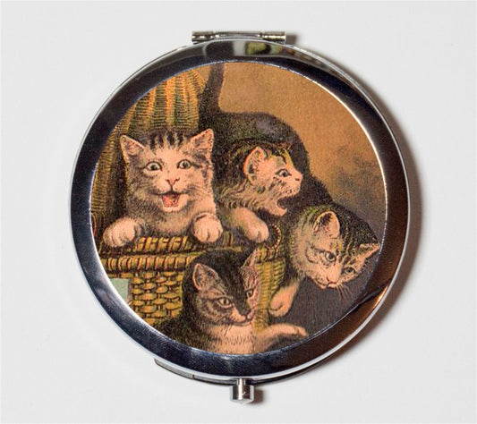 Four Cats Compact Mirror - Vintage Storybook Children's Illustration - Make Up Pocket Mirror for Cosmetics