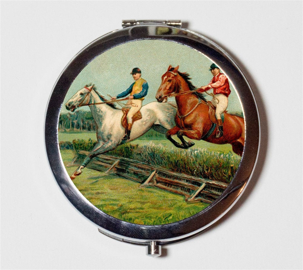 Horse Racing Compact Mirror - Jockey Edwardian Illustration - Make Up Pocket Mirror for Cosmetics