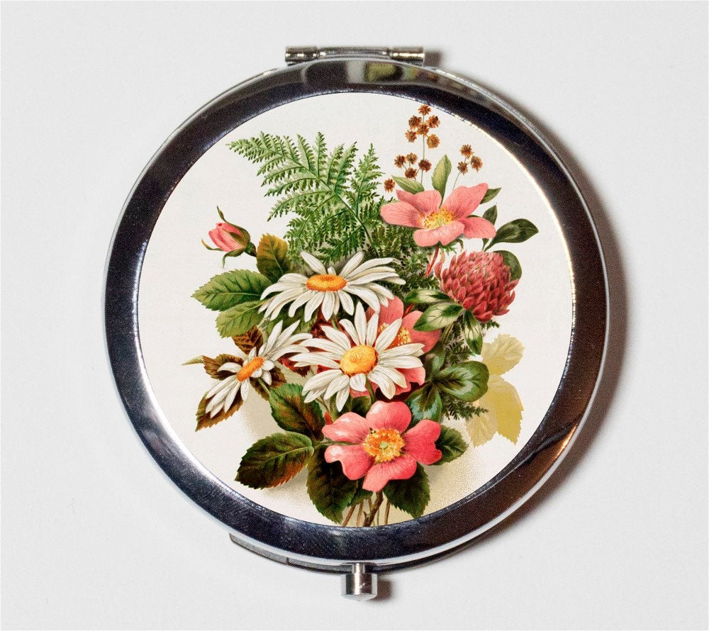 Flowers Compact Mirror - Pink Floral Bouquet Elegant Romance Love - Make Up Pocket Mirror for Cosmetics