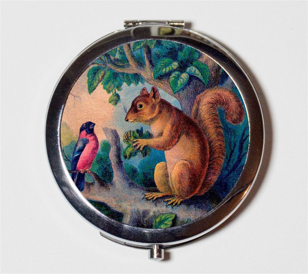 Squirrel and Bird Compact Mirror - Woodland Creatures Animal Art - Make Up Pocket Mirror for Cosmetics