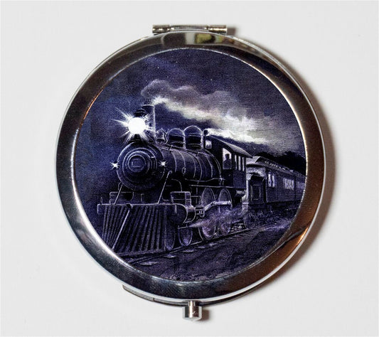 Train Compact Mirror - Vintage Illustration - Make Up Pocket Mirror for Cosmetics