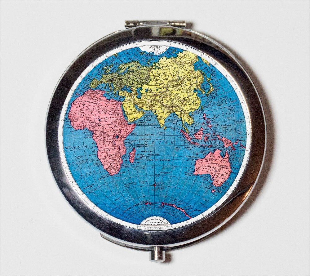 World Map Image Compact Mirror - Earth Globe Vintage Maps - Make Up Pocket Mirror for Cosmetics