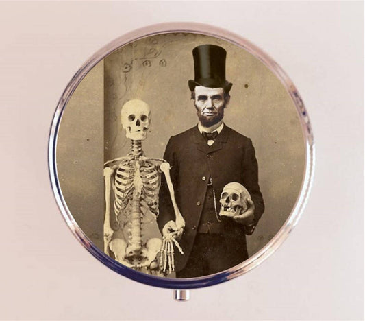 Abraham Lincoln Pill Box Case Pillbox Holder Skeleton Goth Skull Lowbrow Altered Art