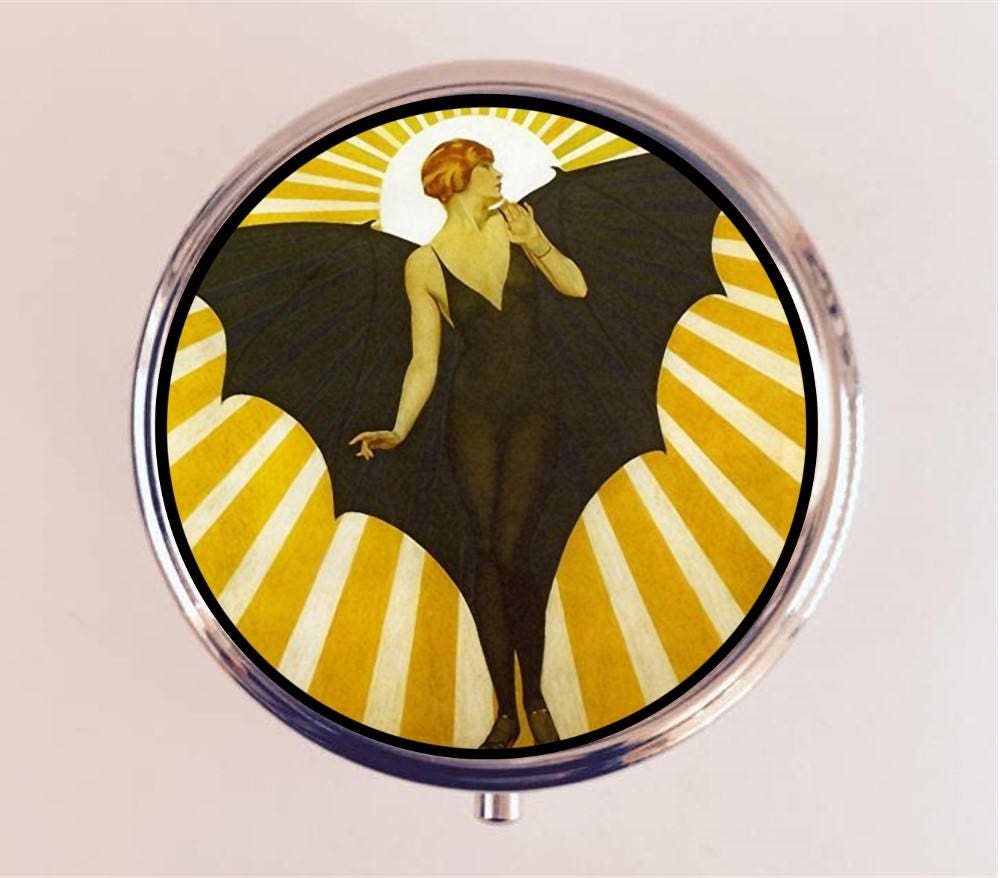 Bat Lady Flapper Pill Box Case Pillbox Holder Trinket Stash Box Art Deco 1920s Jazz Age Roaring 20s