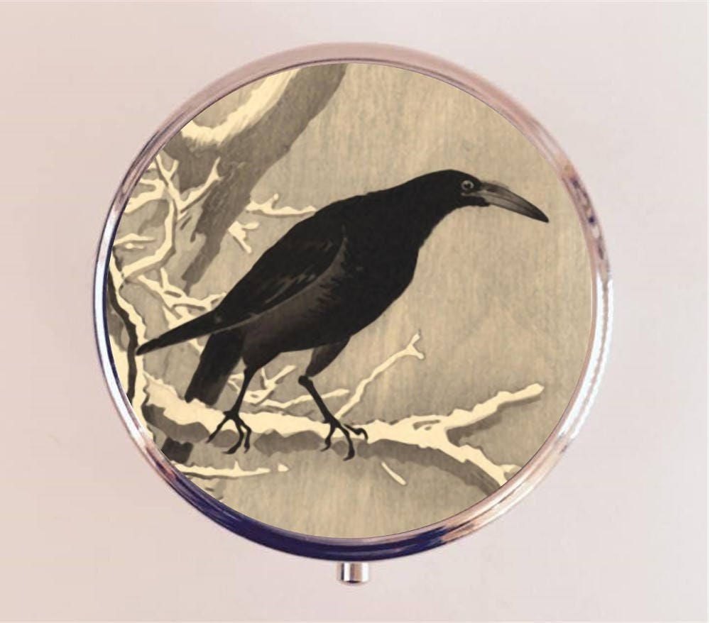 Crow Woodblock Pill Box Case Pillbox Holder Trinket Stash Box Japanese Art Japan Blackbird Black Bird