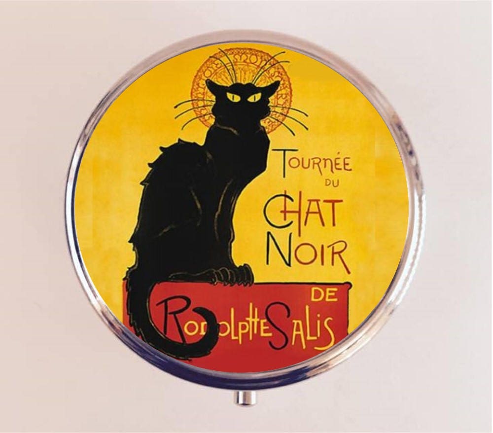 Chat Noir Pill Box Case Pillbox Holder Trinket Stash Box Black Cat Art Nouveau Deco French Cabaret