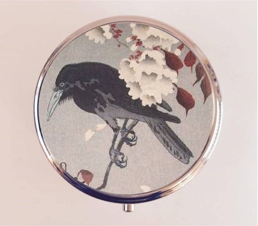 Crow Cherry Blossom Woodblock Pill Box Case Pillbox Holder Trinket Stash Box Japanese Art Japan Asian Art