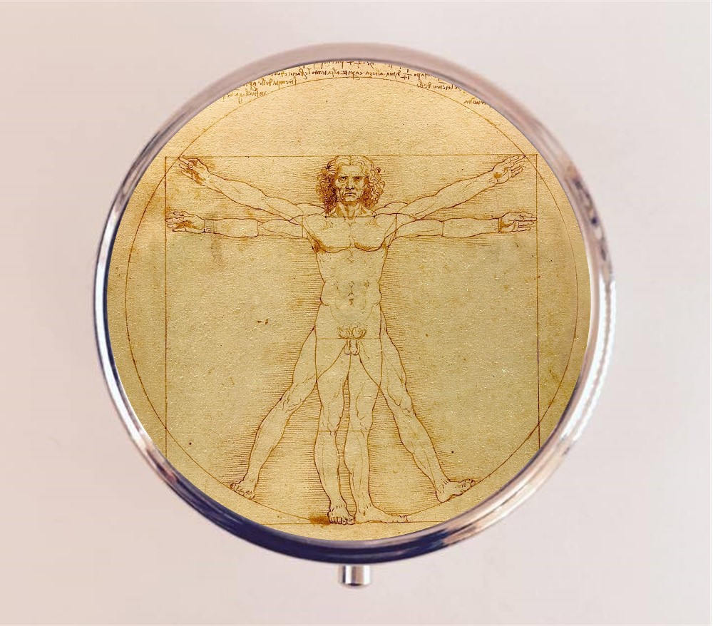 Vitruvian Man Pill Box Case Pillbox Holder Trinket Stash Box Leonard Da Vinci Sacred Geometry Fine Art