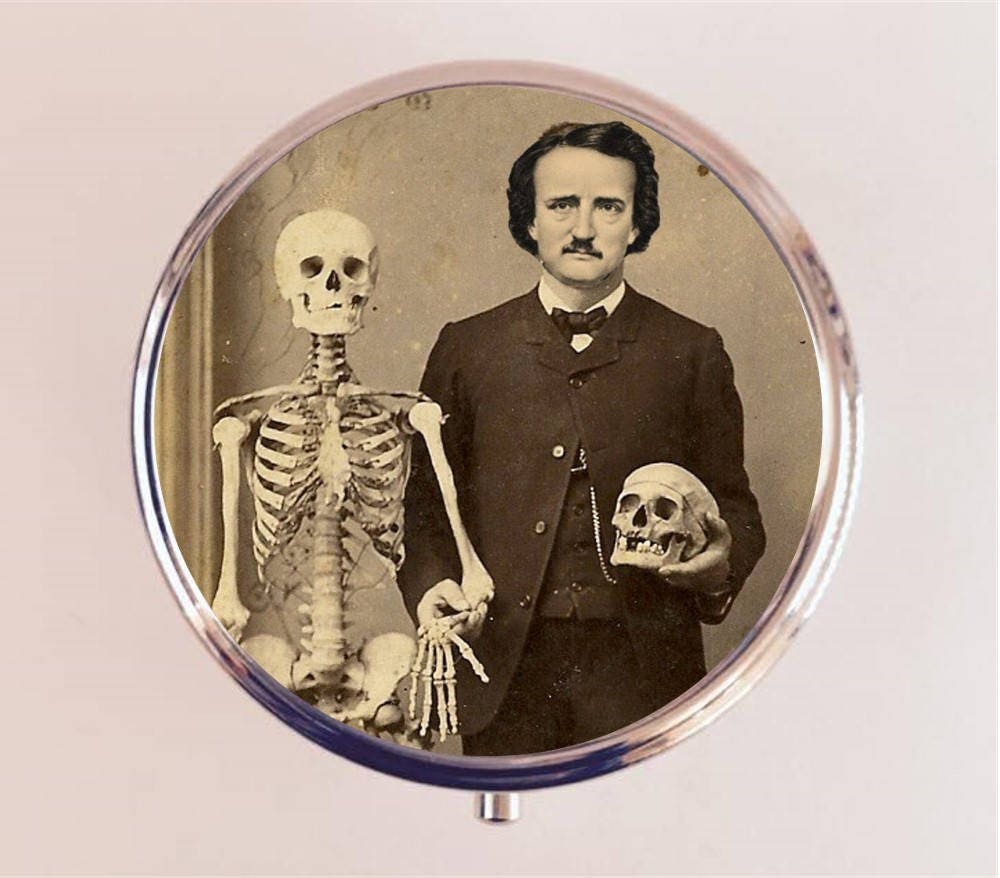 Edgar Allan Poe Pill Box Case Pillbox Holder Trinket Stash Box Skeleton Skull Goth Author Altered Art