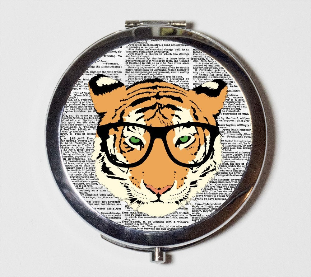 Tiger Nerd Compact Mirror - Anthropomorphic Hipster Animal Art - Make Up Pocket Mirror for Cosmetics