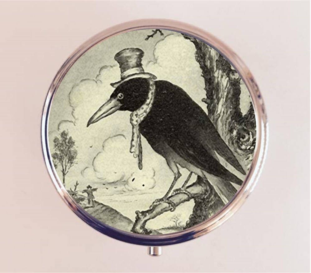 Hobo Crow Pill Box Case Pillbox Holder Trinket Stash Box Whimsical Black Bird