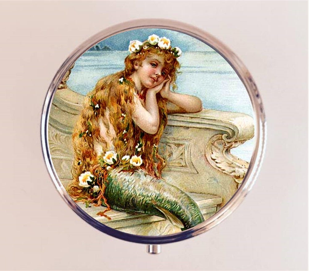 Mermaid Pill Box Case Pillbox Holder Trinket Stash Box Edwardian Nautical Siren