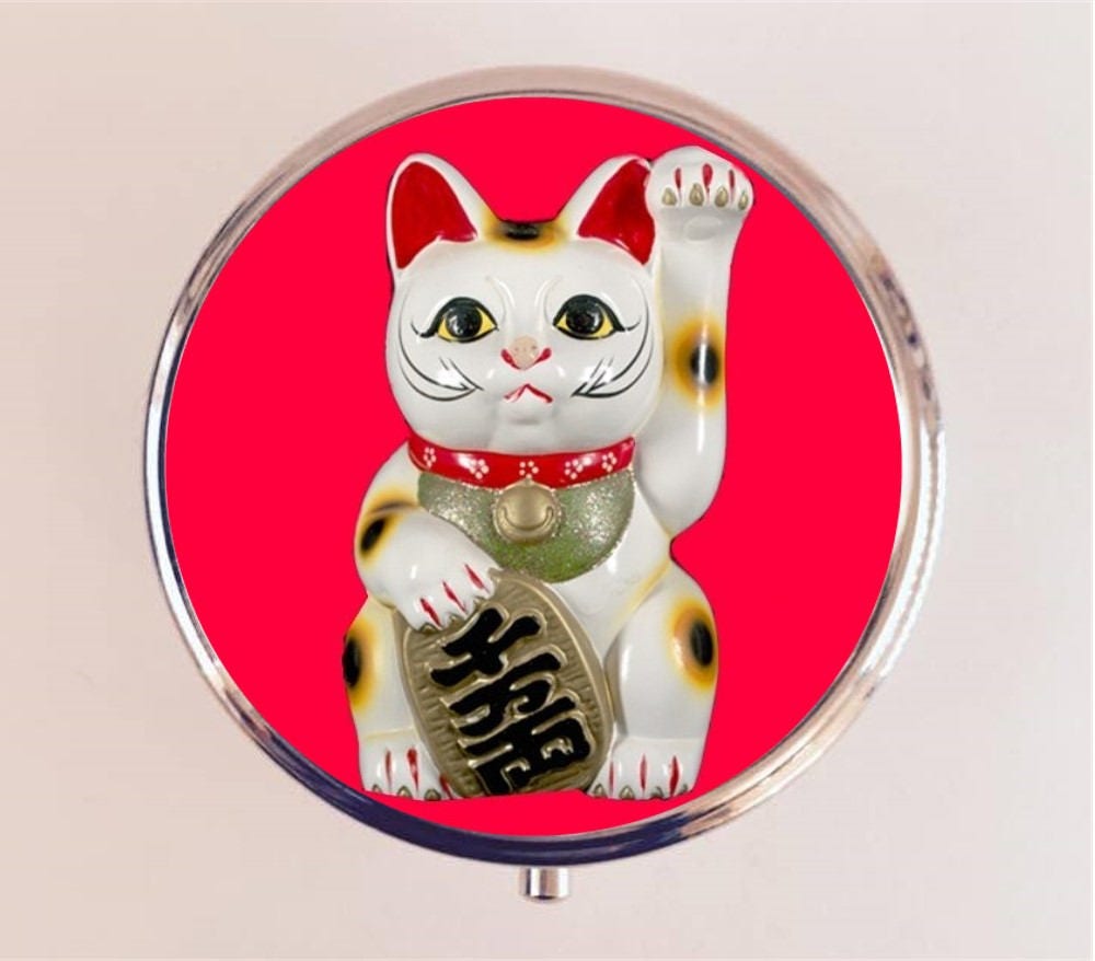 Maneki Neko Pill Box Case Pillbox Holder Trinket Stash Box Lucky Cat Japanese Japan Kawaii