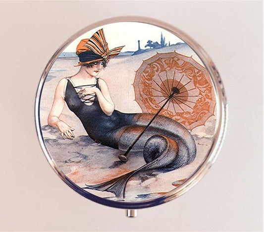 Mermaid Pill Box Case Pillbox Holder Trinket Stash Box Art Deco Flapper Nautical Sirens