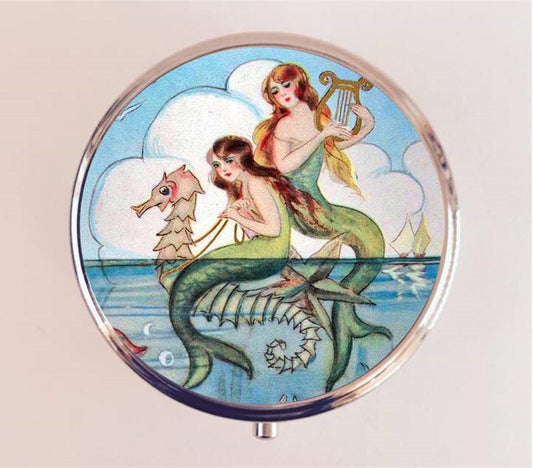 Mermaid Pill Box Case Pillbox Holder Trinket Stash Box Harp Seahorse Nautical Sirens