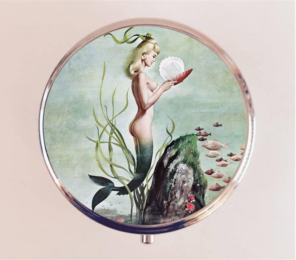 Retro Mermaid Pill Box Case Pillbox Holder Trinket Stash Box 1950s Nautical Siren Pin Up