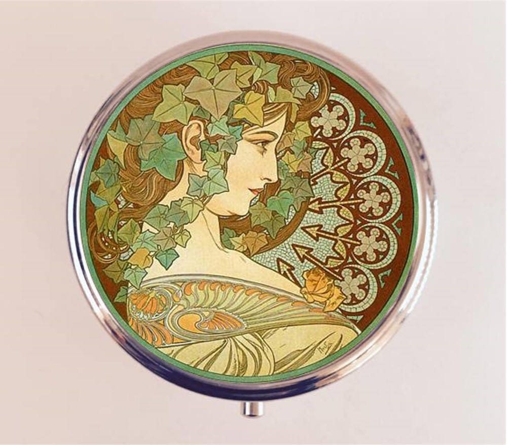 Alphonse Mucha Pill Box Case Pillbox Holder Trinket Stash Box Art Nouveau Cameo Ivy