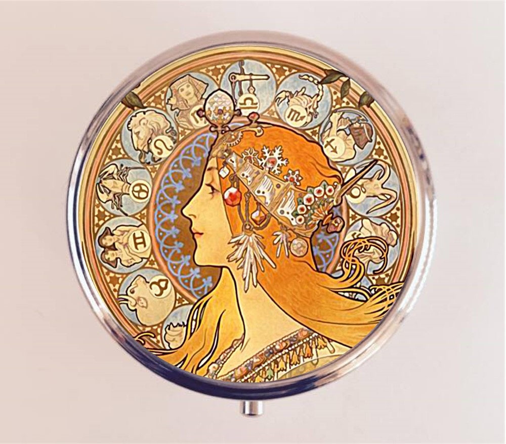 Alphonse Mucha Pill Box Case Pillbox Holder Trinket Stash Box Zodiac Art Nouveau Astrology