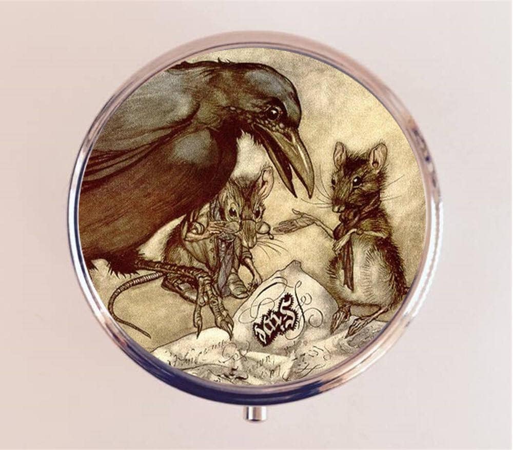 Arthur Rackham Crow Pill Box Case Pillbox Holder Trinket Stash Box Mouse Rat Black Bird Storybook