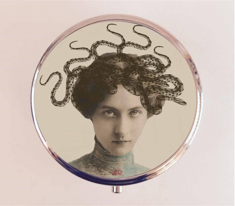 Medusa Snake Lady Pill Box Case Pillbox Holder Trinket Stash Box Victorian Woman Altered Art