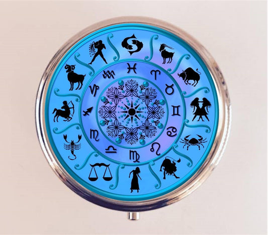 Antique Zodiac Pill Box Case Pillbox Holder Trinket Stash Box Astrology Astrological Occult Blue