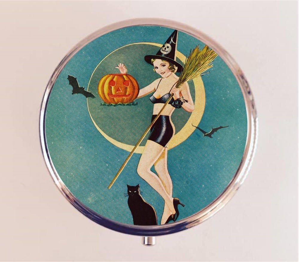 Art Deco Witch Pill Box Case Pillbox Holder Trinket Stash Box Halloween Pin Up 1920s Jazz Age