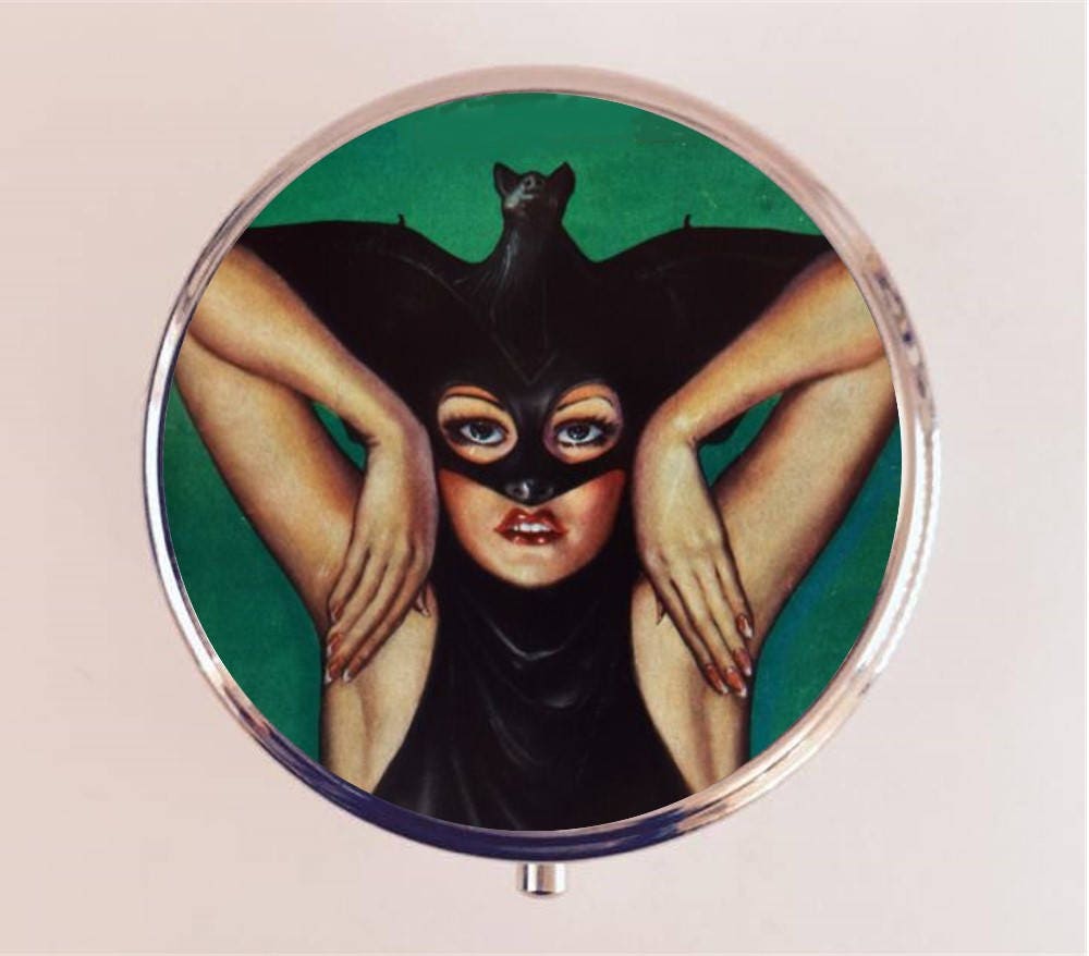 Bat Lady Pill Box Case Pillbox Holder Trinket Stash Box Pulp Fiction Woman Macabre Goth