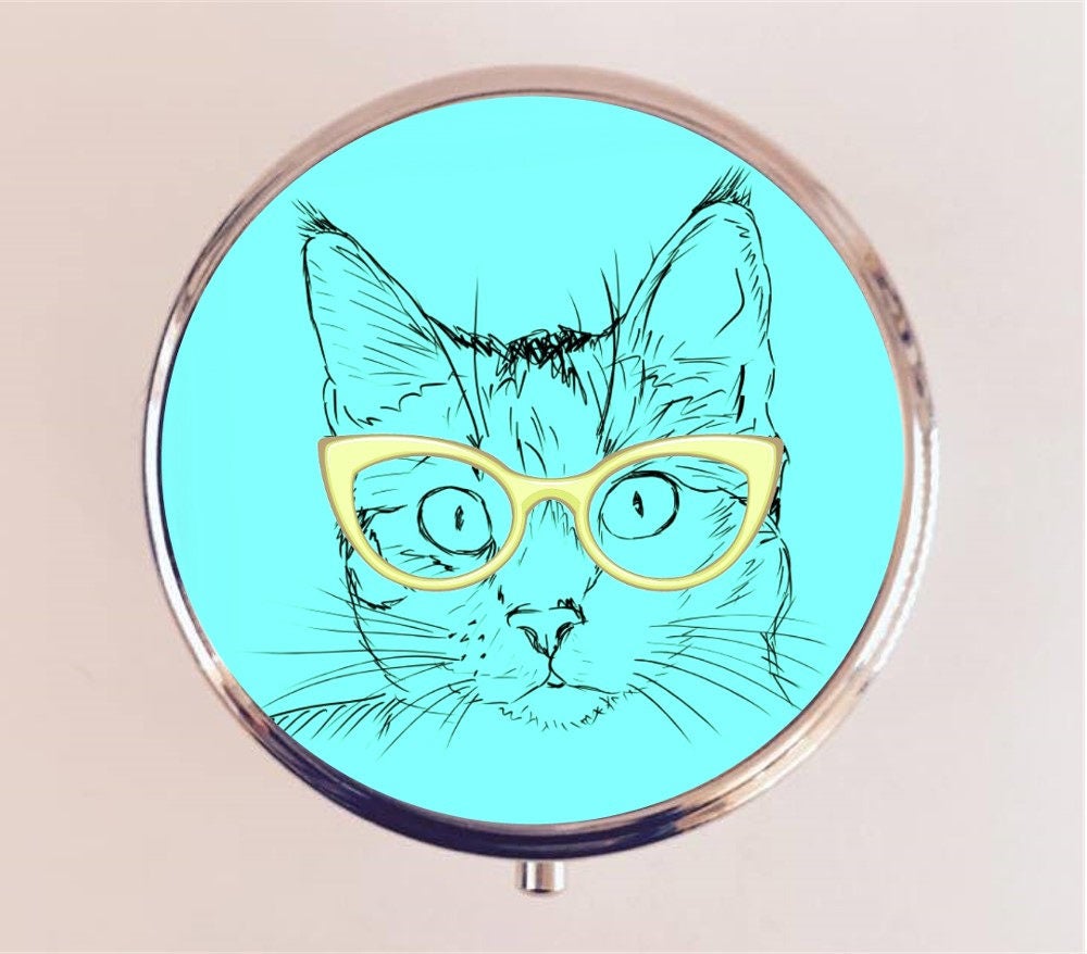 Cat Nerd Pill Box Case Pillbox Holder Trinket Stash Box Hipster Cats Glasses Anthropomorphic Animal Art