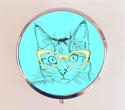 Cat Nerd Pill Box Case Pillbox Holder Trinket Stash Box Hipster Cats Glasses Anthropomorphic Animal Art