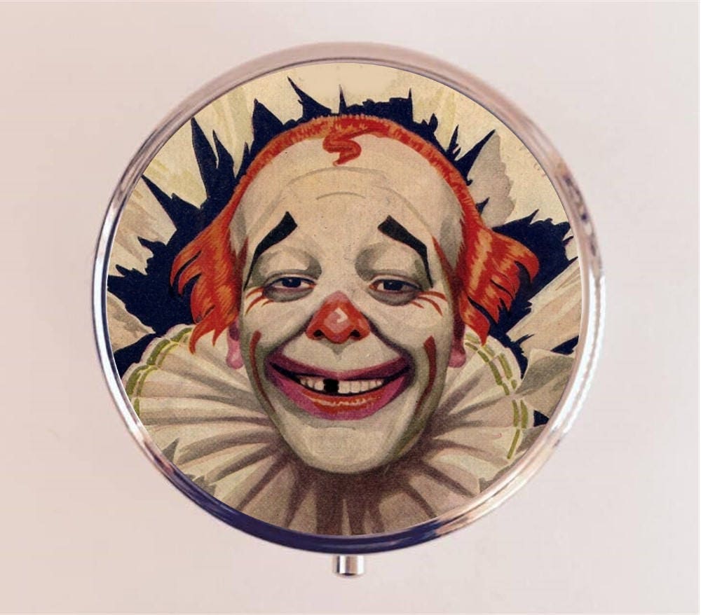 Circus Clown Pill Box Case Pillbox Holder Trinket Stash Box Retro Clowns Illustration Kitsch