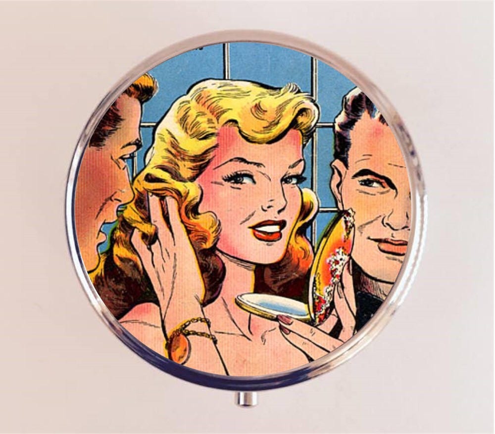 Comic Girl Pill Box Case Pillbox Holder Trinket Stash Box Retro Vintage Romance Comic Book