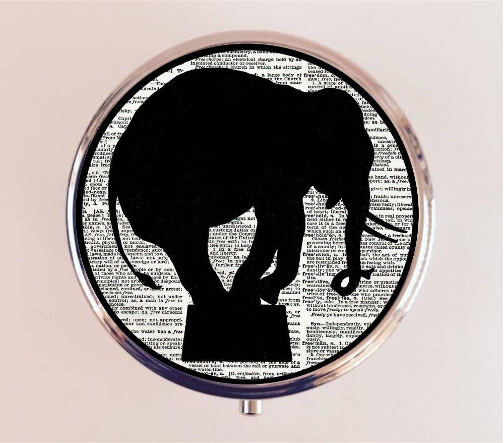 Circus Elephant Pill Box Case Pillbox Holder Trinket Stash Box Silhouette Dictionary Background