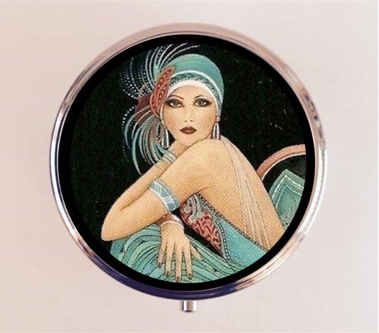 Art Deco Flapper Pill Box Case Pillbox Holder Trinket Stash Box Portrait Painting 1920s Jazz Age Green Dress