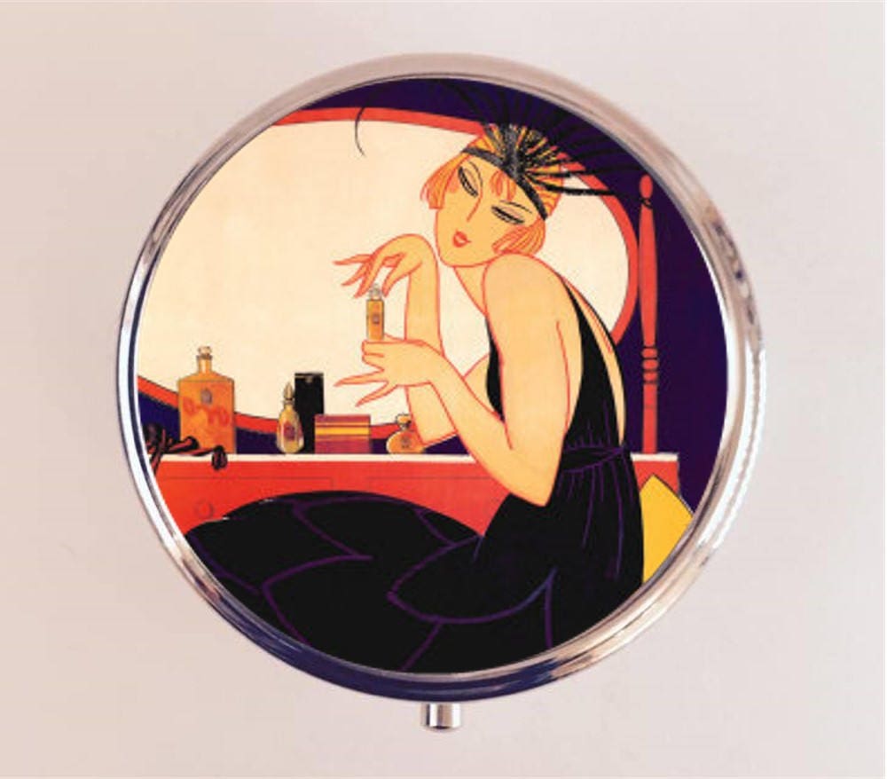 Art Deco Flapper Pill Box Case Pillbox Holder Trinket Stash Box Portrait Painting 1920s Jazz Age Perfume