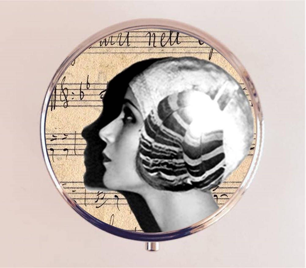 Art Deco Flapper Pill Box Case Pillbox Holder Trinket Stash Box Portrait Painting 1920s Jazz Age Sheet Music