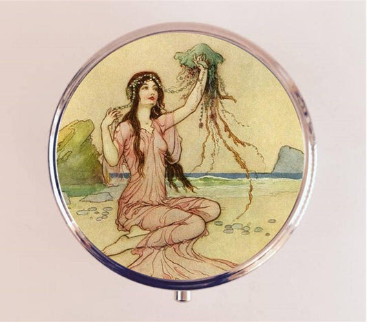 Edwardian Jellyfish Woman Pill Box Case Pillbox Holder Trinket Stash Box Nautical Fairytale Fairy Tale