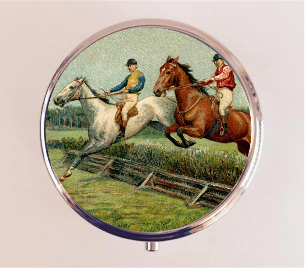 Horse Racing Pill Box Case Pillbox Holder Trinket Stash Box Kentucky Derby Jockey Horses