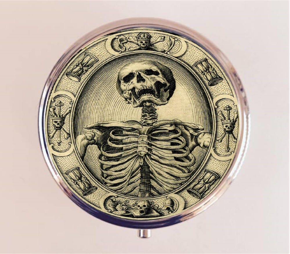 Memento Mori Pill Box Case Pillbox Holder Trinket Stash Box Skeleton Skull Goth Macabre