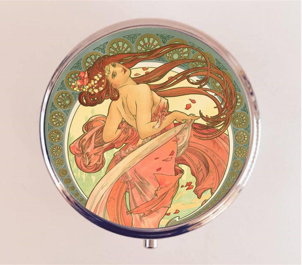 Alphonse Mucha Pill Box Case Pillbox Holder Trinket Stash Box Long Hair Art Nouveau Boho Gypsy