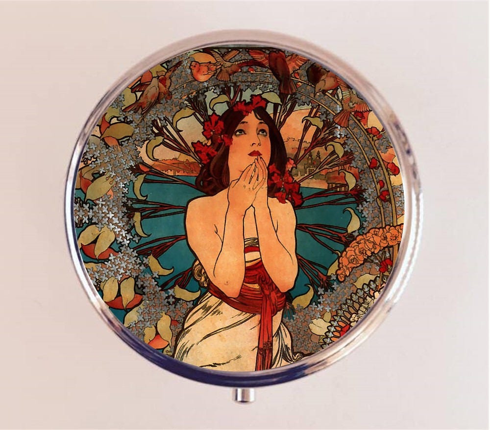 Alphonse Mucha Pill Box Case Pillbox Holder Trinket Stash Box Praying Art Nouveau Boho Gypsy