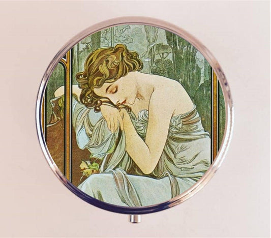 Alphonse Mucha Pill Box Case Pillbox Holder Trinket Stash Box Sleeping Art Nouveau Boho Gypsy